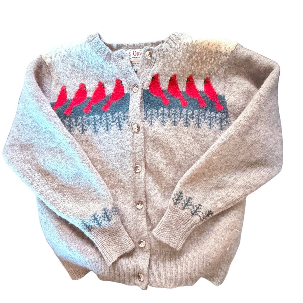 Vintage Orvis Cardinal Bird Cardigan Sweater 100% Wool Shetland Size 38 Gray
